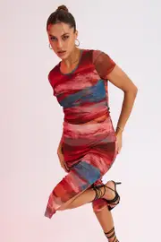 Brown Abstract Midi Dress Short Sleeve Bodycon Mesh - Size XS, Women's Bodycon Dress
