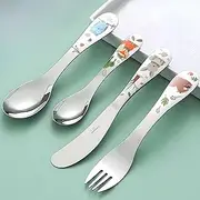 DAFFODILY® Jungle Kids Cutlery Set | 18/10 Stainless Steel, 4 Piece Children’s Mirror Polished Flatware Gift Box | Toddler Cutlery knife fork spoon set for Children 12 months and older