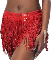 [Unicra] Belly Dance Skirt Silver Sequins Tassel Fringe Skirts Hip Party Costume Belly Scarf Rave for Women and Girls, red, 33W
