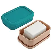 Adorila 2 Pack Travel Soap Container with Lid, Silicone Soap Dish with Draining Layer, Portable Soap Holder for Bathroom Camping Gym