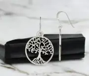 925 Sterling Silver Tree Of Life Dangle Hook Earrings - 39x23.5mm - Nature