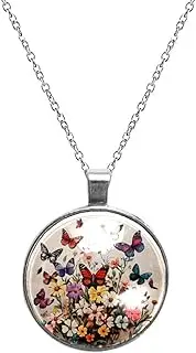 [Diusye] Necklaces for Women, Watercolor Cosmos Flowers Butterfly Print Stainless Steel Pendant Necklace Jewelry Birthday Anniversary Wife Girls Friends Gift