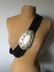 Boho Southwestern Black Leather Belt With Large Hammered Silver Buckle, L