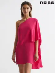 Reiss Bright Pink Blake One Shoulder Cape Mini Dress (959945) | $395