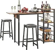 IRONCK 3-Piece Bar Table Set for 2, 47 inch Bar Table with Drop Leaf & Stools & 3 Storage Shelves, Small Kitchen Table for Dining Room, Vintage Brown
