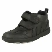 Boys Clarks 'Rex Hop K' Black Leather Hook & Loop Strap School Boots