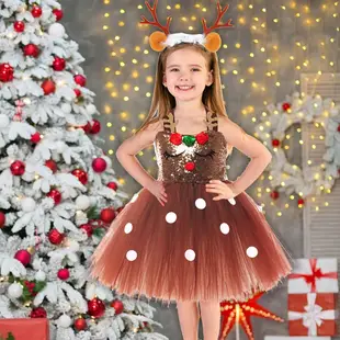兒童聖誕服飾 女童聖誕麋鹿洋裝 麋鹿髮箍 洋裝 tutu聖誕麋鹿裙紗裙 兒童卡通造型表演衣服 聖誕衣服 洋裝
