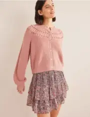 New Boden Fluffy Ruffle Cardigan Womens M Dahlia Pink Sweater Wool Blend