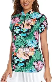 [Viracy] Women's Golf Shirts Short Sleeve Side Splits Loose Fitting 1/4 Zip Up Polo Shirt UV Protection Fast Dry Athletic Tops