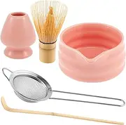 5Pcs Matcha Whisk Set Matcha Bowl with Spout Bamboo Matcha Whisk with Ceramic Holder Bamboo Scoop and Stainless Sifter Traditional Tea Ceremony Matcha Set for Matcha Tea (Pink)