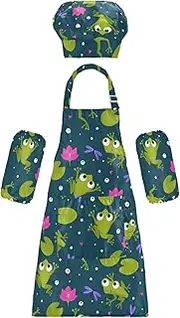 AIXIWAWA Kids Apron Chef Hat Set, Child Kitchen Bib Aprons Adjustable for Cooking Baking Painting (Cute Frogs)