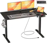 HOMETECH Electric Standing Desk, 120 x 60 cm Sit Stand Desk with Power Outlets & Type-C/USB, Height Adjustable Gaming Desk with 3 Smart Memory Height Settings, Hanging Hook, Cable Management, Black