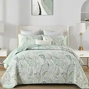 WONGS BEDDING Boho Quilt Set Queen,Sage Green Paisley Floral Pattern Bedspread Coverlet Set with 2 Pillowcases,Lightweight Microfiber Bohemian Quilt Bedding Set 96"×90"