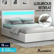 ALFORDSON Bed Frame Queen Size RGB LED Gas Lift Base Platform Storage White
