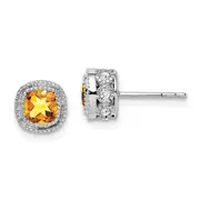 14k White Gold Cushion Citrine and Real Diamond Earrings