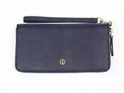 New Tory Burch Emerson Navy Saffiano Leather Wristlet Continental Wallet 136110