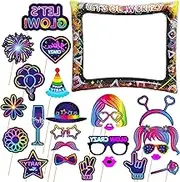 Neon Glow Party Inflatable Selfie Frame With 25Pcs Photo Booth Props - Blow Up Kit for Birthday, Disco, and Glow in The Dark Party Decoration