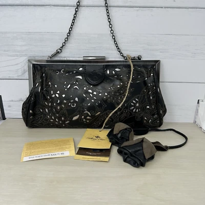 Patricia Nash Black Silver Clutch Purse Vintage Laser Lace Athena Chain Strap