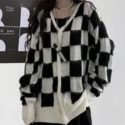 V-Neck Check Knit Cardigan As Shown In Figure - One Size