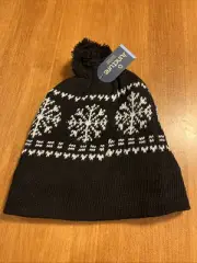 Juncture Basic Black with white snowflake pattern winter Pom Pom Toque NWT