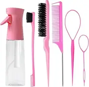 6pcs Hair Styling Comb Set with Continuous Spray Bottle 200ml, Hair Brush Rat Tail Comb Edge Control Hair Brush for Back Brushing, Combing, Braiding, Slicking Hair for Women(pink)