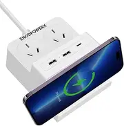 ENODPOWERX Power Strip with Wireless Charging, 2 Outlets, 2 USB Ports, Surge Protector, Extension Cord, Fast Charging, Compact Design for Home and Office