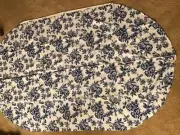 Navy Floral on white handmade oval cotton tablecloth 69” X 41”
