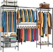 Expandable Wardrobe and Closet Organizer Freestanding Clothes Rail with 6 Storage Shelves Heavy Duty Garment Rack with Double Hanging Rods Wardrobe Clothing Rack with 8 Hooks