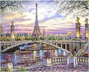 Cityscape Paint by Numbers Kit for Adults - DIY Eiffel Tower and Bridge at Sunset Painting on Canvas 16x20 Inches, Acrylic Paint Set,Suitable for Beginners,Paris Art for Home Decoration/Gifts