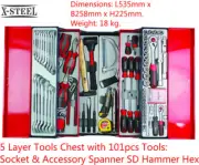 5 Layer Tools Chest with 101pcs Tools: Socket & Accessory Spanner SD Hammer Hex