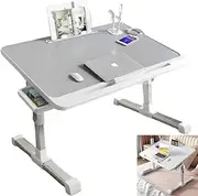 Folding Bed Desk for Laptop, Multifunctional Adjustable Tilt Lap Desk with Hidden Drawer and Folding Legs for Sofa Eating, Working, Gaming, PVC Leather Non-Slip Table Top