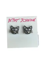 Betsey Johnson Crystal Black Cat Face w/Whiskers Stud Earrings NEW