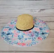 NWT Lilly Pulitzer Straw/Fabric Floppy Beach Hat Crew Blue Sea To Shining Sea OS