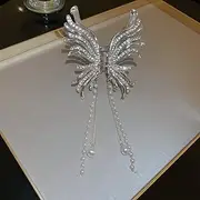 LIBERGA Rhinestone Butterfly Hair Claw Clips Pearl Tassel Chain Barrettes Strong Hold Claw Hair Clips for Women Thick Hair,Silver