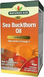 Natures Aid Sea Buckthorn Oil, 500 mg, 60 Softgels (High Levels of Omega-7, Natural Source of Omega 3, 6 and 9 with Vitamins A, B, C and E and Antioxidants, Premium Omega Oil, Vegan Society Approved)