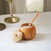 Small Teak Wood Seasoning Bowl with Spoon, Handturned Wooden Spice Jar