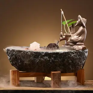 創意姜太公釣魚陶瓷循環流水風水球招財辦公客廳桌面裝飾流水擺件
