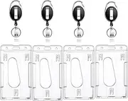 DACUAN Heavy Duty Retractable Badge Holder with Thumb Slots, 4 Pack Id Card Holders with 4 Badge Reel Clips, Clear Plastic 4 Vertical Sleeves with Belt Keychains