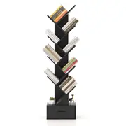 Giantex Tree Bookshelf Wood Bookcase w/10 Shelves & Drawer Home Office Display Rack Black