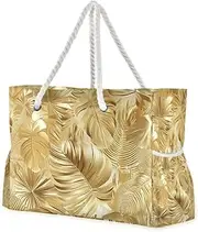[Yoogain] Golden Tropical Leaf Portable Sturdy Tote Bags with side pocketes Tote Bags Portable Travel Bag Perfect for Travel Pool Swim Beach Vacation Necessities, Golden Tropical Leaf, 1 size