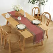Catzon Double Layer Linen Table Runners with Fringe for Kitchen Home Decoration-Red