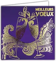 Square Card in Shiny Gold Gold on Purple Background with White Envelope 15 x 15 cm – 2 Champagne Flutes Sparkling Sparkling Wine Toasting Good Health Year New Year – Made in France