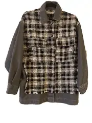 NWT Zara Black Denim W/ Black/white Plaid Attached Snap Front Jacket Sz Small