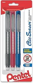Pentel Clic Retractable Eraser with Grip, Assorted Barrels, 3 Pack (ZE21BP3M)