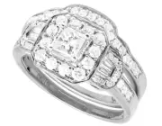 Women's 10K White Gold Princess Diamond Cluster Ring Set Baguette Accents 0.9CT