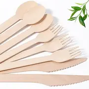 Eidsefe Disposable Wooden Utensils Set 300PCS (100 Forks 100 Spoons 100 Knives) Eco-Friendly Biodegradable Natural Wooden Cutlery Set Alternative to Plastic Cutlery