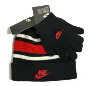 Nike Boys Youth Winter Hat Beanie 2 Pc Black Red White Stripe Hat + Gloves / NWT