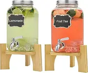 Hisredsun 2 Pack 4L Glass Beverage Dispenser with Tap, Drink Dispensers for Parties, Glass Drink Dispenser with Stand and Stainless Steel Faucet, for Cocktails, Juice, Water, Beverages