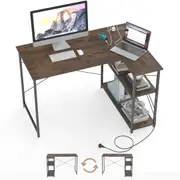 Giantex L-shaped Desk w/Power Outlet Home Office Computer Desk Corner Gaming Table Brown