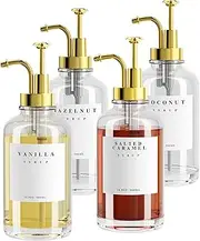 Coffee Syrup Dispenser for Coffee Bar Accessories，Coffee Pump Dispenser, Glass Syrup Bottle with Gold Pumps and 42 Labels, 16.9 oz 500 ml, Set of 4